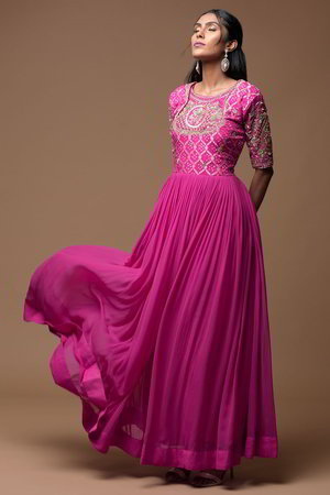 Розовое и цвета фуксии платье / костюм из креп-жоржета с рукавами ниже локтя