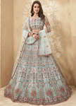 *Светло-голубой и аквамариновый индийский женский свадебный костюм лехенга (ленга) чоли из фатина, украшенный скрученной шёлковой нитью, вышивкой с пайетками