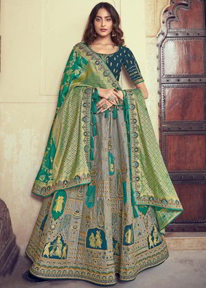 Серый, сине-зелёный и синий жаккардовый и шёлковый индийский женский свадебный костюм лехенга (ленга) чоли, украшенный вышивкой шёлковыми нитями, вышивкой люрексом с пайетками, кружевами