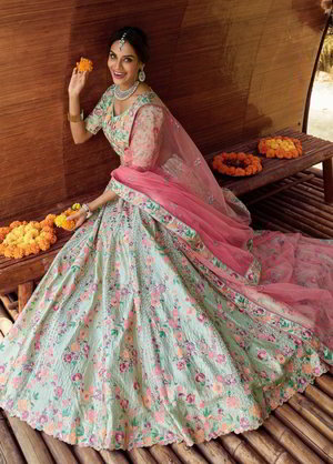 Зелёный индийский женский свадебный костюм лехенга (ленга) чоли из атласа и фатина, украшенный скрученной шёлковой нитью, вышивкой с пайетками