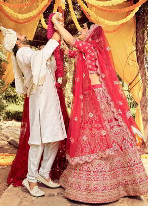 Красный индийский женский свадебный костюм лехенга (ленга) чоли из шёлка-сырца и фатина, украшенный скрученной шёлковой нитью, вышивкой