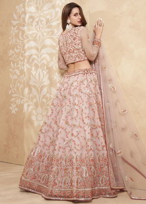 Светло-розовый индийский женский свадебный костюм лехенга (ленга) чоли из фатина, украшенный вышивкой с пайетками