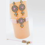 *Золотое и розовое индийское украшение на шею со стразами, перламутровыми бусинками