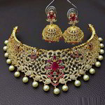 *Золотое и розовое индийское украшение на шею со стразами, перламутровыми бусинками