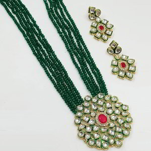 Зелёное и золотое индийское украшение на шею со стразами, перламутровыми бусинками