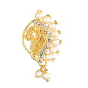 Молочное и золотое индийское кольцо в нос с перламутровыми бусинками