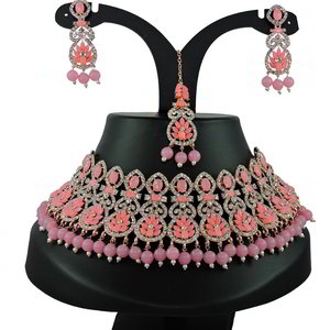 Золотое и розовое индийское украшение на шею со стразами, перламутровыми бусинками