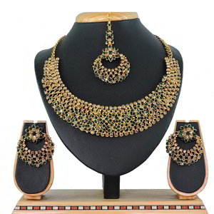 Зелёное и золотое индийское украшение на шею со стразами