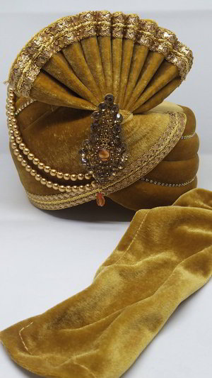 Золотой бархатный индийский тюрбан (чалма) с кружевами