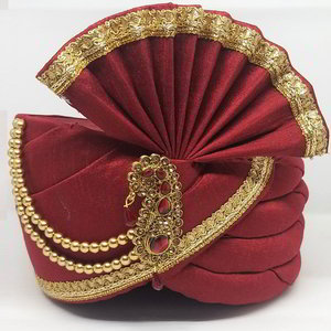 Бордовый и красный шёлковый индийский тюрбан (чалма) с кружевами