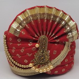 Бордовый и красный индийский тюрбан (чалма) из шёлка, украшенный печатным рисунком с кружевами