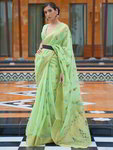 *Зелёное льняное индийское сари, украшенное вышивкой люрексом