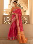 *Розовое шёлковое оригинальное индийское сари, украшенное вышивкой люрексом
