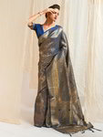 *Синее шёлковое оригинальное индийское сари, украшенное вышивкой люрексом