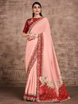*Светло-розовое праздничное красивое индийское сари из шёлкового атласа и креп-жоржета, украшенное вышивкой люрексом со стразами