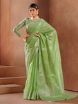 *Зелёное льняное индийское сари, украшенное вышивкой люрексом