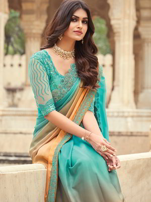 Сине-зелёное и синее индийское сари из атласа с пайетками