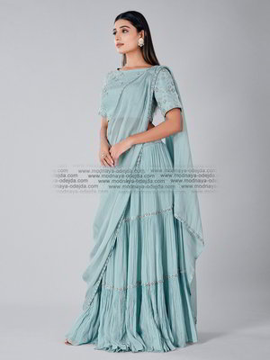 Синее индийское сари из креп-жоржета с бисером