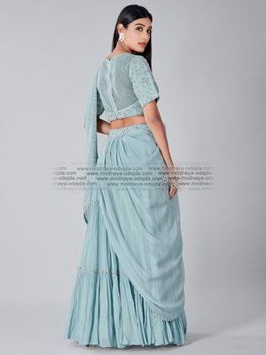 Синее индийское сари из креп-жоржета с бисером