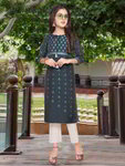 *Зелёный и серый хлопко-шёлковый индийское национальное платье / костюм для девочки без рукавов, украшенный печатным рисунком с пайетками
