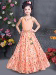 *Персиковый шёлковый индийский национальный костюм для девочки без рукавов, украшенный вышивкой люрексом с пайетками, кусочками зеркалец