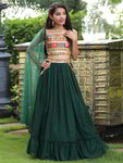 *Тёмно-зелёный индийский национальный костюм для девочки из креп-жоржета и шёлка без рукавов с пайетками