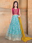 *Аквамариновый и синий индийский национальный костюм для девочки из креп-жоржета без рукавов, украшенный вышивкой люрексом с кусочками зеркалец