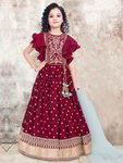 *Бордовый шёлковый индийский национальный костюм для девочки без рукавов, украшенный вышивкой люрексом с пайетками, кусочками зеркалец