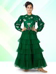 *Цвета зелёной сосны индийское нарядное платье «в пол» / костюм для девочки из фатина с длинными рукавами, украшенный печатным рисунком