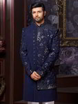 *Тёмно-синий индийский мужской костюм из хлопка с шёлком со стразами, кусочками зеркалец