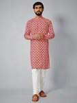*Розовый хлопко-шёлковый индийский национальный мужской костюм, украшенный печатным рисунком