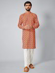 *Оранжевый хлопко-шёлковый индийский национальный мужской костюм, украшенный печатным рисунком