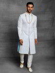 *Голубой шёлковый индийский свадебный мужской костюм с пайетками