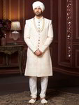 *Персиковый хлопко-шёлковый индийский свадебный мужской костюм с пайетками