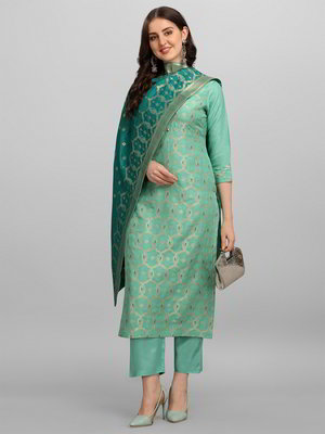 Цвета зелёного опала хлопко-шёлковое платье / костюм с рукавами три-четверти, украшенное вышивкой люрексом