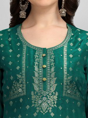 Зелёное платье / костюм из хлопка с шёлком с рукавами три-четверти, украшенное вышивкой люрексом