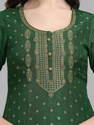 Тёмно-зелёное хлопковое платье / костюм с рукавами три-четверти, украшенное вышивкой люрексом, скрученной шёлковой нитью с бисером, пайетками