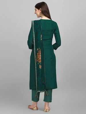 Зелёное хлопковое платье / костюм с рукавами три-четверти, украшенное вышивкой люрексом, печатным рисунком, скрученной шёлковой нитью с бисером, пайетками