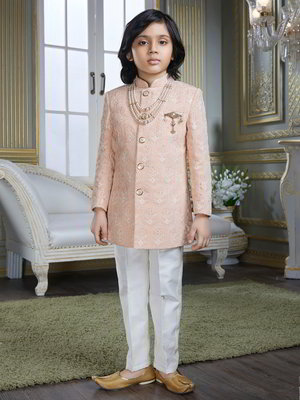 Персиковый хлопко-шёлковый национальный костюм для мальчика с пайетками
