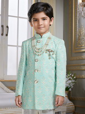 Фисташковый хлопко-шёлковый национальный костюм для мальчика с пайетками