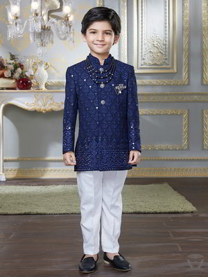 Тёмно-синий хлопко-шёлковый национальный костюм для мальчика