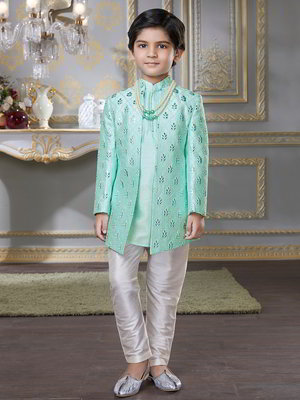 Зелёный хлопко-шёлковый национальный костюм для мальчика с кусочками зеркалец