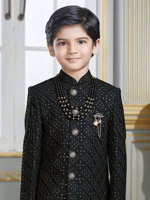 Чёрный национальный костюм для мальчика из хлопка с шёлком с пайетками