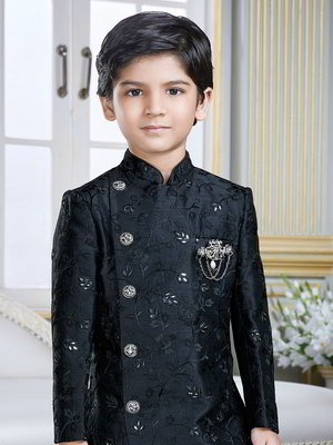 Чёрный национальный костюм для мальчика из хлопка с шёлком с кусочками зеркалец