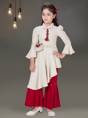 Пурпурный и кремовый индийское национальное платье / костюм для девочки из хлопка с рукавами три-четверти