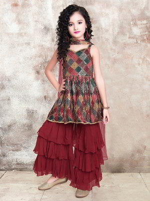 Бордовый индийское национальное платье / костюм для девочки из креп-жоржета без рукавов с пайетками