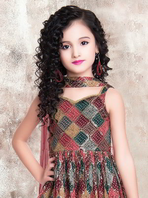 Бордовый индийское национальное платье / костюм для девочки из креп-жоржета без рукавов с пайетками