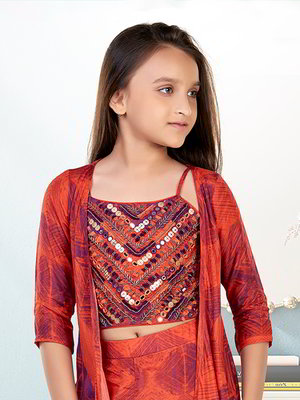 Оранжевый хлопковый индийское национальное платье / костюм для девочки без рукавов, украшенный печатным рисунком с бисером, пайетками, кусочками зеркалец
