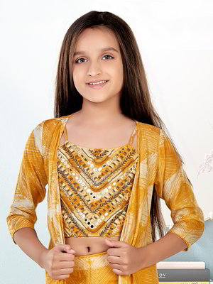Жёлтый индийское национальное платье / костюм для девочки из хлопка без рукавов, украшенный печатным рисунком с бисером, пайетками, кусочками зеркалец