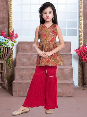 Красный индийское национальное платье / костюм для девочки из креп-жоржета без рукавов, украшенный печатным рисунком с пайетками